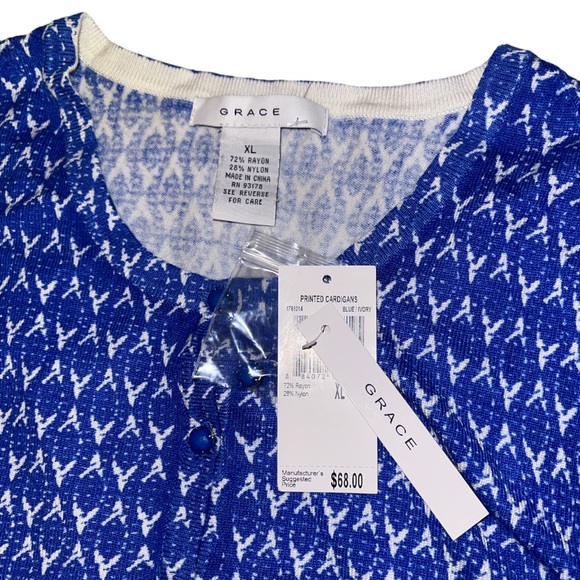 NEW Grace Blue/White Printed Pattern Cardigan - Picture 2 of 6